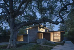 Modern house exterior featuring wooden exterior and large glass windows.