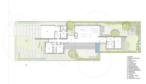 Detailed architectural drawing of a modern house interior and exterior layout.