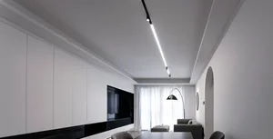 Modern minimalist living room with white walls and black accents.