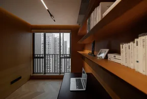 A modern minimalist workspace featuring wooden shelves and a bookshelf.