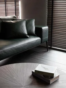 Interior design of a modern living room featuring a green leather sofa with pillows and a book on a coffee table.