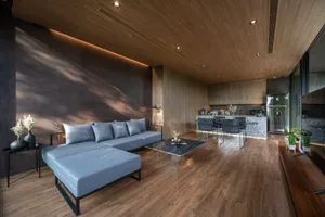Modern living room with wooden flooring and furniture, contemporary design elements.