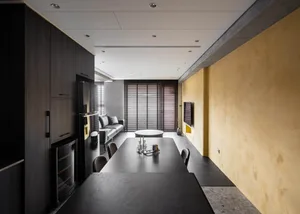 Modern dining room featuring marble finishes and sleek, contemporary design elements.