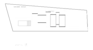 2D architectural drawing of a rooftop floor layout showing various rooms and spaces.