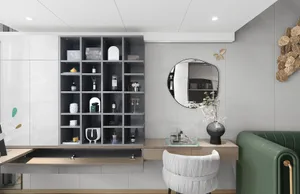 A modern living room with neutral-toned walls, furniture, and decor.