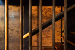 A modern staircase with wooden railings and a textured wooden wall.