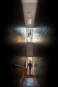 Minimalist architectural design featuring a concrete staircase and corridor.