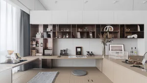 Spacious contemporary living room with wooden furniture, bookshelves, and a large window for natural light.