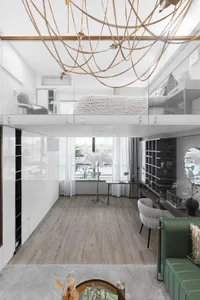 A modern living room featuring a floating bed and sleek, minimalist design.