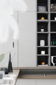 A modern living room with grey panels, glass windows, and several decorative items on shelves.