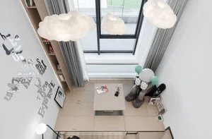 Modern living room featuring wooden furniture, glass windows, and fabric upholstery