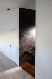 Modern minimalist interior featuring a stairway with wooden steps and a concrete wall