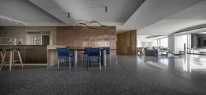 Modern commercial interior with metal and marble materials and design elements