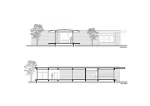 A line drawing depicting the exterior of a modern architectural design featuring brick and concrete materials.