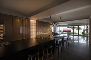 Modern living room featuring metal finishes and contemporary design.