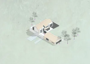 Isometric drawing of a modern residential building with wooden exterior walls.