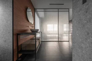 Modern bathroom with a wooden wall, a sink with a stone countertop, and glass doors leading to a frosted glass area.