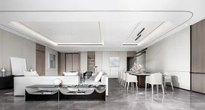 A modern interior design combining living and dining room in minimalistic style with grey marble floor, white sofa, and white