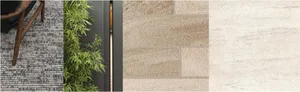 Multiple images showcasing various carpet and textile designs and materials, including wooden furniture and green plants.