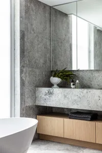 Modern bathroom with a sophisticated marble interior design.