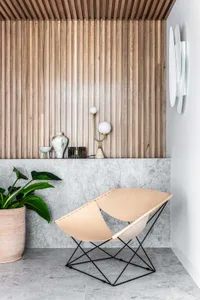A modern living space featuring a wooden wall and grey concrete floor, with a unique leather chair and a potted plant.