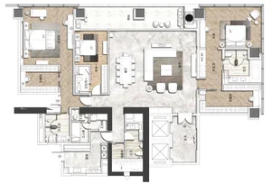 Modern residential floor plan featuring living room, kitchen, bedrooms, bathrooms, and balcony.
