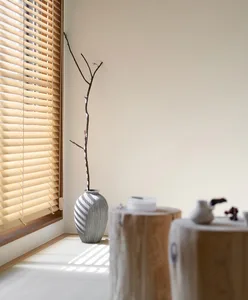 Modern minimalist living room featuring a ceramic vase with a single branch on a small wooden table, next to a window with bl
