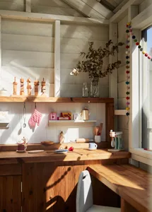 A play kitchen with wooden shelves, wooden blocks, and various toy cooking items.