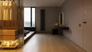 A modern bedroom with hardwood flooring, minimalistic design elements, and a large window offering a view of the city.