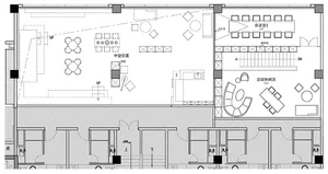 This image depicts an office layout floor plan showing various sections such as meeting rooms, reception areas, and open work