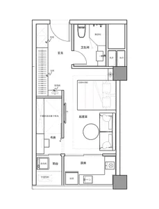 A detailed 2D architectural floor plan showing the layout of a modern apartment with living room, bedroom, kitchen, bathroom,
