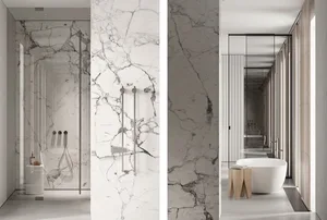 Modern bathroom featuring marble walls and floor, with a white freestanding bathtub and minimalist design elements.