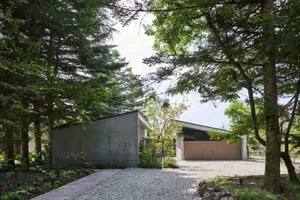 A modern residential home with concrete walls, glass windows, and wooden doors surrounded by green trees.