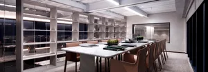 Modern conference room with marble table and chairs