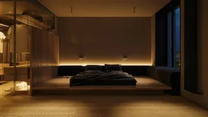 A minimalist bedroom with a floating platform bed, wood flooring, and ambient lighting.