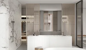 Modern minimalist bathroom featuring marble and wooden elements