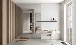 Minimalist workspace featuring a wooden desk and concrete columns.