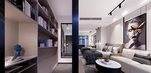 A modern bedroom featuring textured wall paneling, a large mirror, and contemporary furniture.