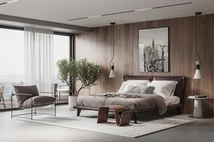 Modern bedroom featuring a brown leather bed, wooden flooring, and concrete accents.