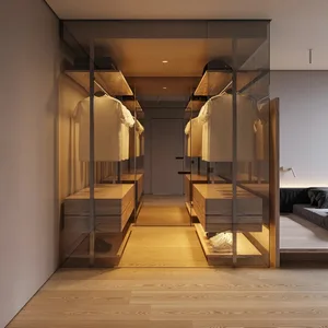 A modern closet with glass doors and wooden shelves