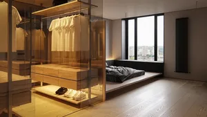 A modern bedroom with grey walls, minimalist furniture, and a glass-enclosed closet.