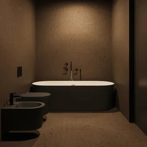Modern minimalist bathroom with a freestanding bathtub, toilet, and washbasin in a concrete textured environment.