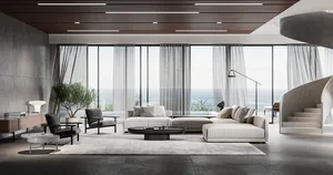 Modern minimalist living room with furniture, coffee table, glass wall, and large windows overlooking an outdoor area.