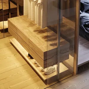 A minimalist wooden closet with glass doors and drawers, showcasing stylish and functional design