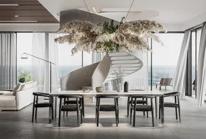 A modern residential interior featuring concrete, glass, and fabric elements.