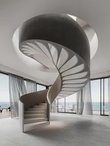 Modern residential interior featuring a spiral staircase made of concrete.