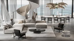 Modern residential space featuring neutral tones, glass, and wood elements.