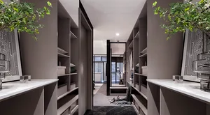 Modern wardrobe closet with wood and metal accents, glass doors and shelves