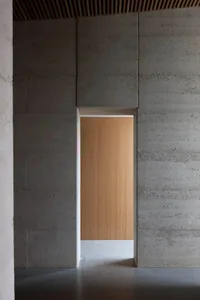 A minimalist interior with concrete walls and a wooden door.