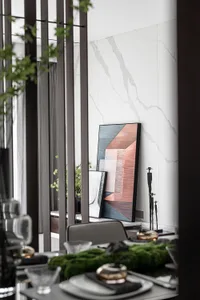 Modern dining room with contemporary tiles and minimalist decor.